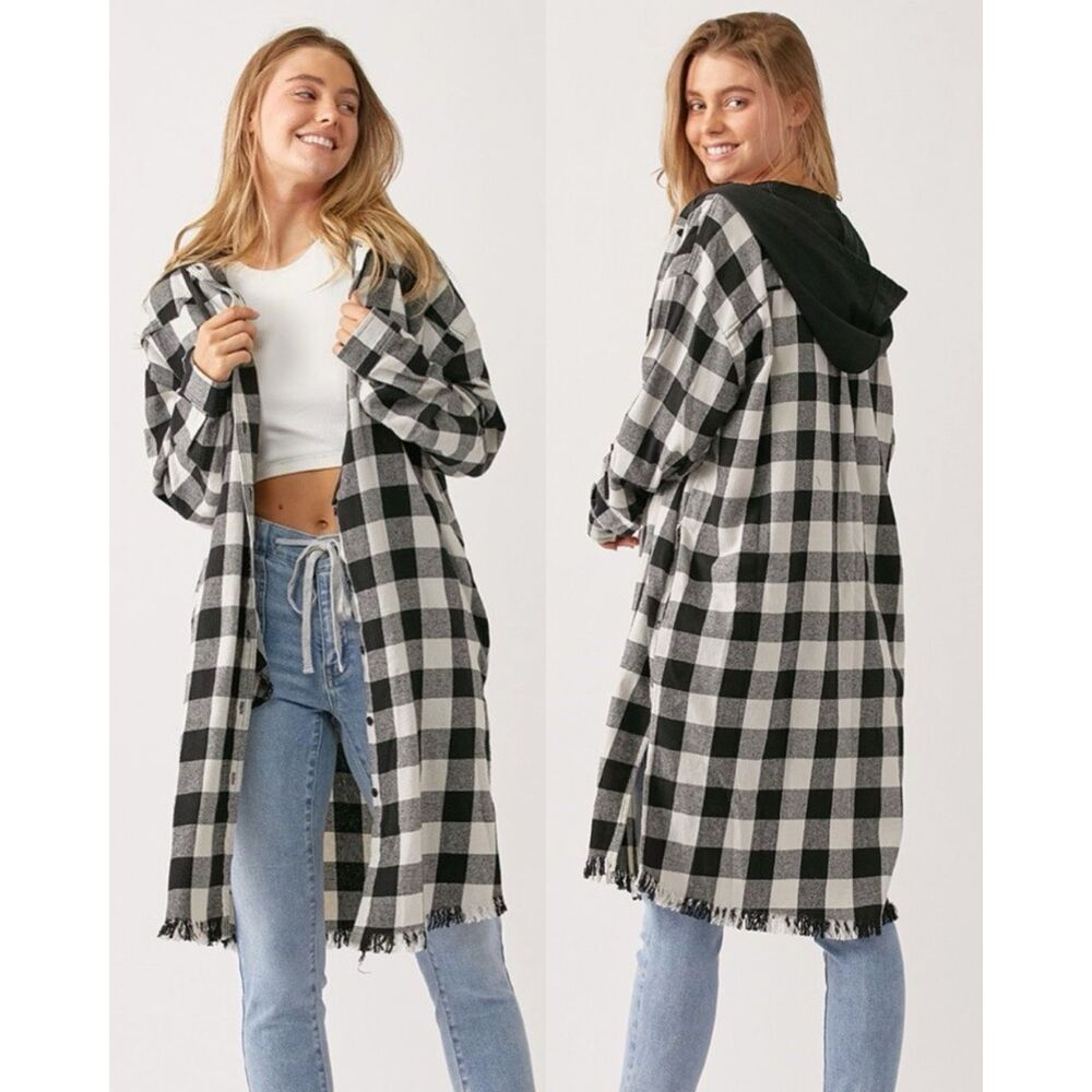 Risen White Buffalo Plaid Distressed Long Button Down Flannel Hooded Shirt Jacke